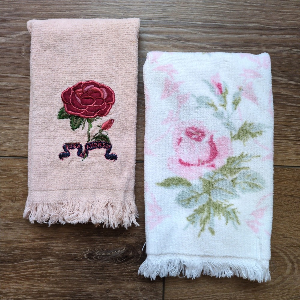 Vintage Martex Rose Floral Fringed Small Hand Towels Washcloth Set 2 Pink‎ White
